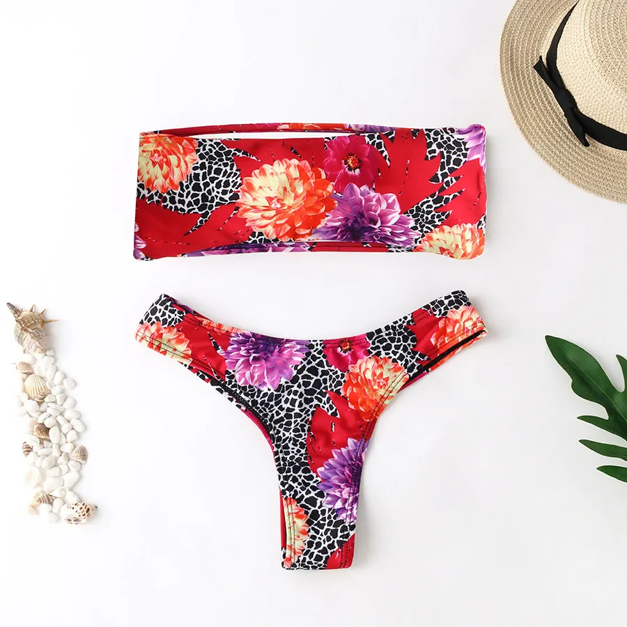 

Bandeau Bikini Swimwear Red Flower Print Retro Swimsuit Thong Brazilian Biquini Set Girls Beach Swim Bathing Suit Summer Holiday