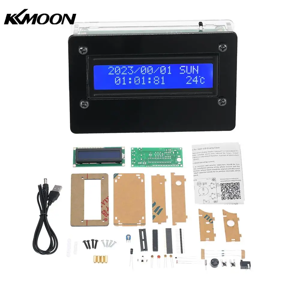 1602 LCD DIY Digital Clock Kit with Acrylic Case Time Temperature Date