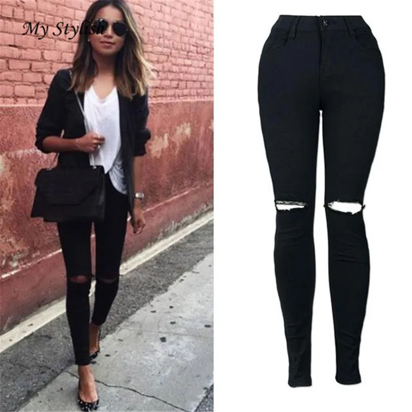 Aliexpress.com Acheter Pas cher Femmes Jeans 2017 Nouvelles Femmes De Mode Mince Crayon Pantalon Cool déchiré Genou Cut Skinny Jeans Longs Pantalons Haute