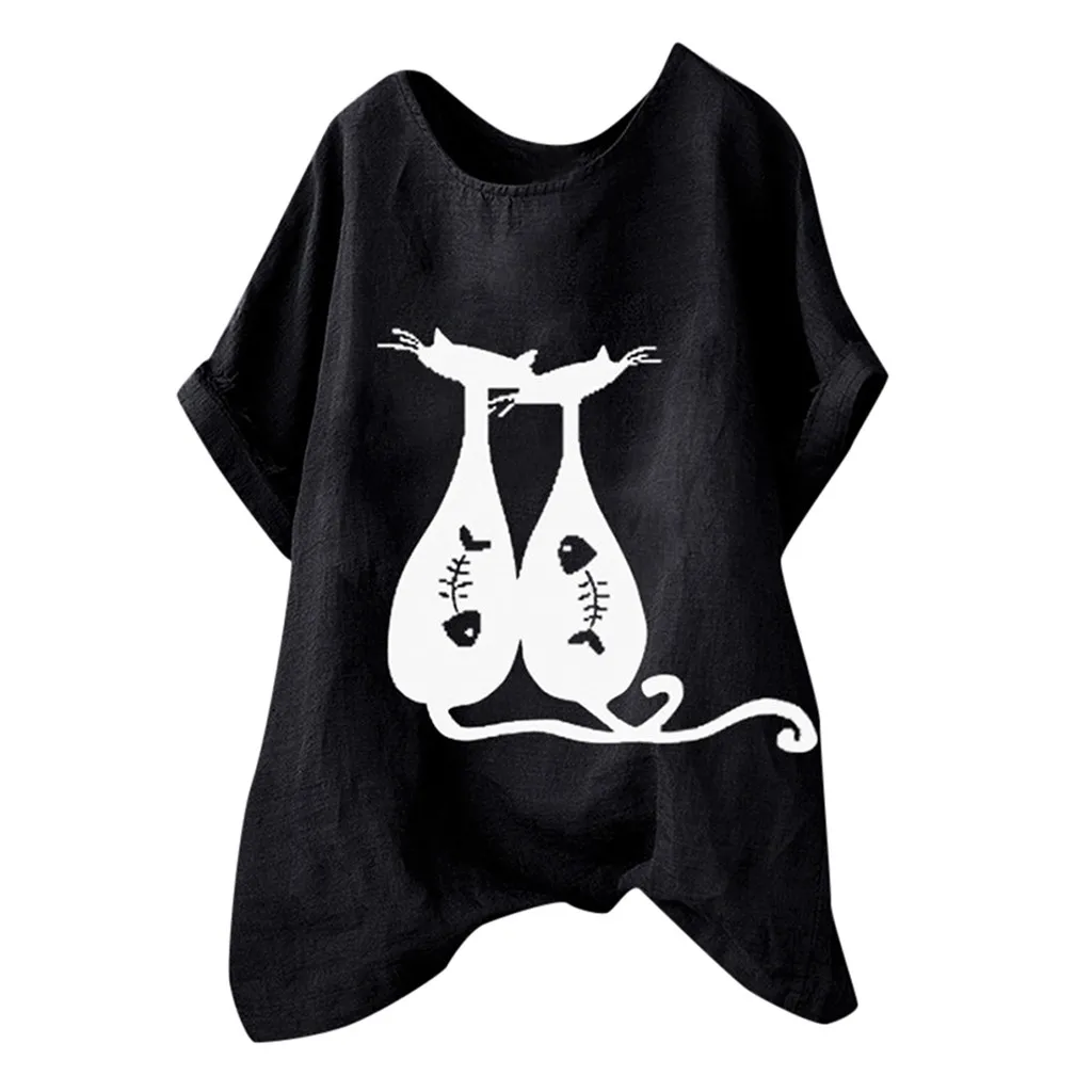 Свободные женские рубашки с изображением страуса, хлопковые топы с короткими рукавами, свободные легкие трендовые элегантные летние блузки, рубашки - Цвет: Черный