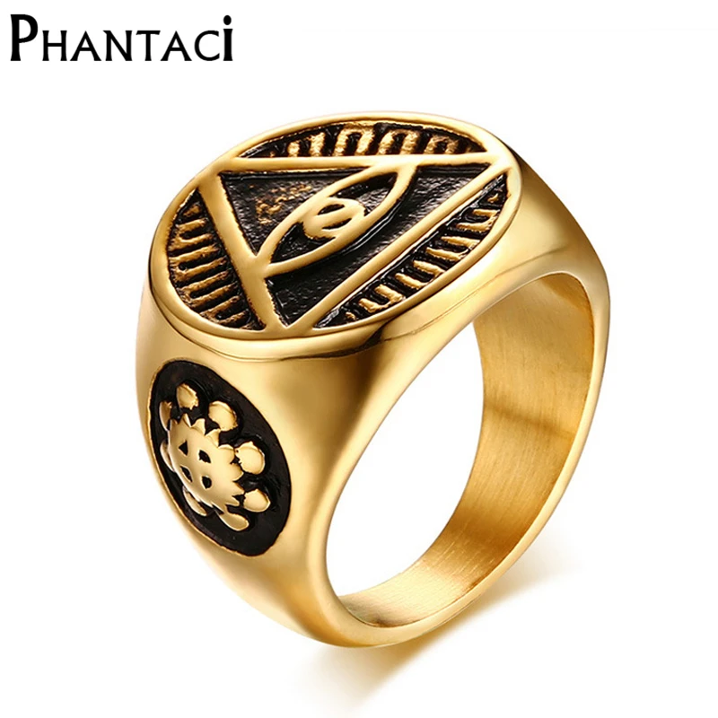 

Phantaci Vintage Style Black Man Ring Illuminati Pyramid Eyes Symbol Pattern Gold Color High Quality Stainless Steel Male Rings