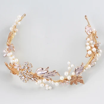 

Gold Leaf Wedding Crown Headband Vintage Bridal Tiara Pearls Hair Accessories Headpiece For Women