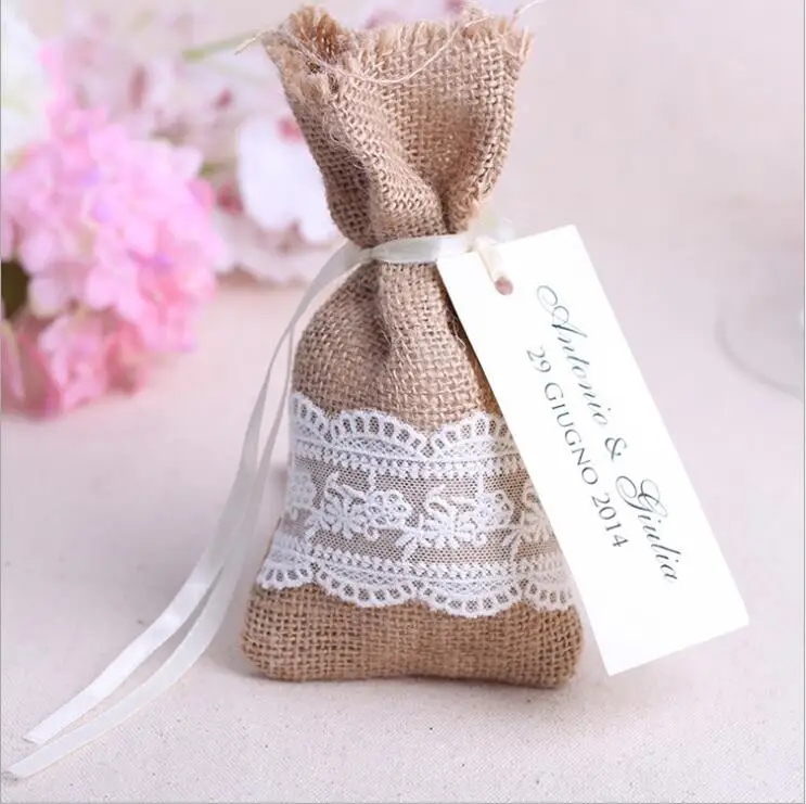 

Free Shipping 50pcs/lot Size 9x16CM Rustic Small Candy Jute Sacks Handmade Burlap Lace Bags Wedding Gifts Favor Pouch Bags