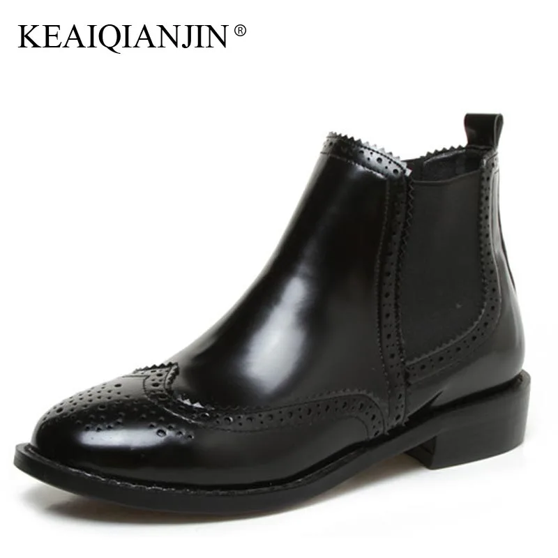 

KEAIQIANJIN Woman Red Martin Black Plus Size 32 - 43 Plush Autumn Winter Chelsea Boots Fashion Patent Leather Round Toe Shoes