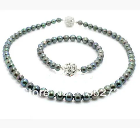 

New Arriver Jewelry Set AA 6-7MM Luxury Queen Green Peacok Color Freshwater Pearl Necklace Bracelet Magnet Clasp Free Shipping