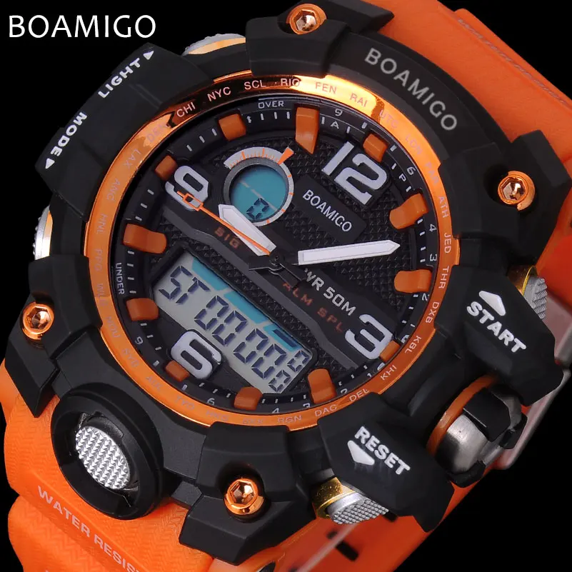 men sport watches BOAMIGO brand LED digital watches analog quartz watch rubber strap 50M waterproof swimming