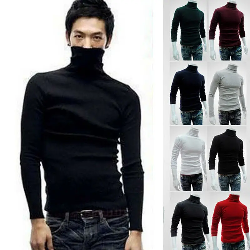 omniscient Mens Sweater Solid Long Sleeve High Neck Knit Sweater Top