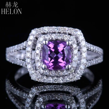 

HELON Solid 10K White Gold Certified Cushion 0.89ct Natural Amethyst 0.6ct Diamonds Engagement Wedding Women Trendy Jewelry Ring