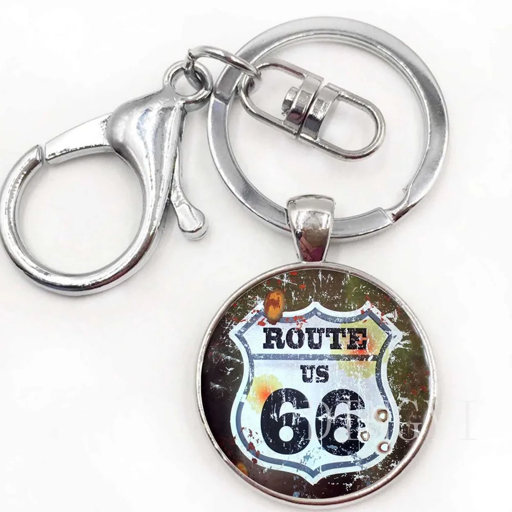 Route US 66 брелок стеклянные купольные украшения Серебро старинный Route 66 США кулон женские мужские брелки круглый ключ цепи в подарок
