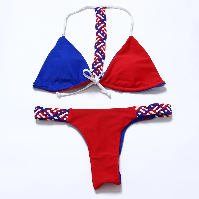 2016 Sexy Brazilian Bikini Reversible Tails Swimwear Women Strappy Halter weave knit Swimsuit Bathing Suit Thong