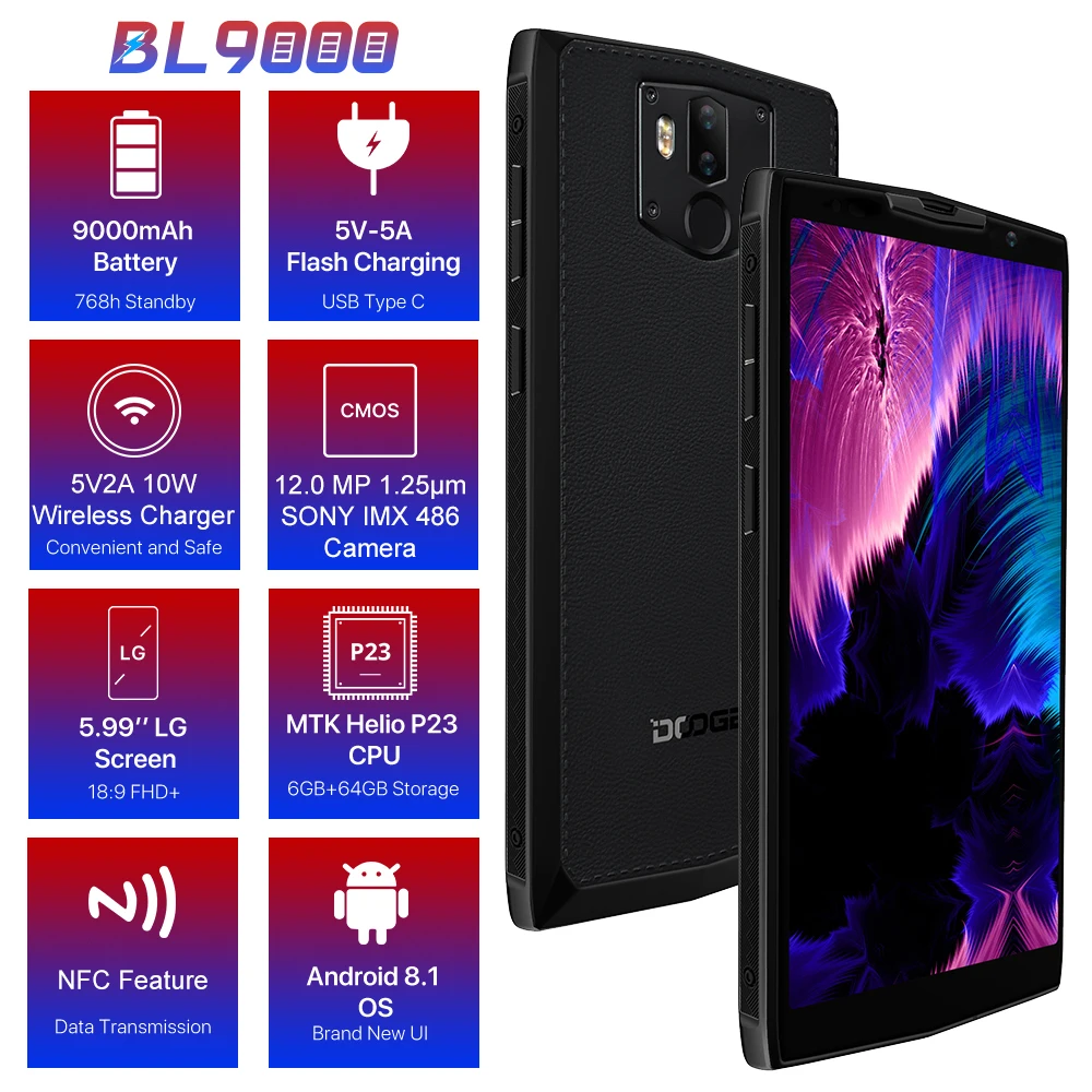 DOOGEE BL9000 смартфон 5V5A Flash Charge 9000 мАч Беспроводная зарядка 6 ГБ 64 Гб Helio P23 Octa Core 5,99 "FHD + Android 8,1