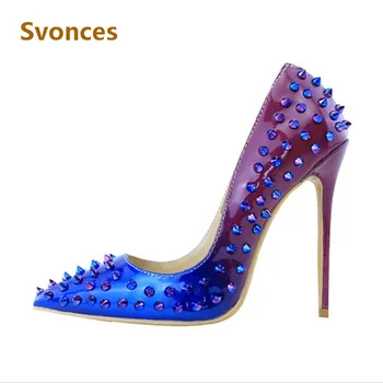 

Classic Rivets Woman Pumps Luxury Gradient Purple Blue Pointy Stilettos Heels Spikes High Heels Sexy Formal Evening Shoes Women