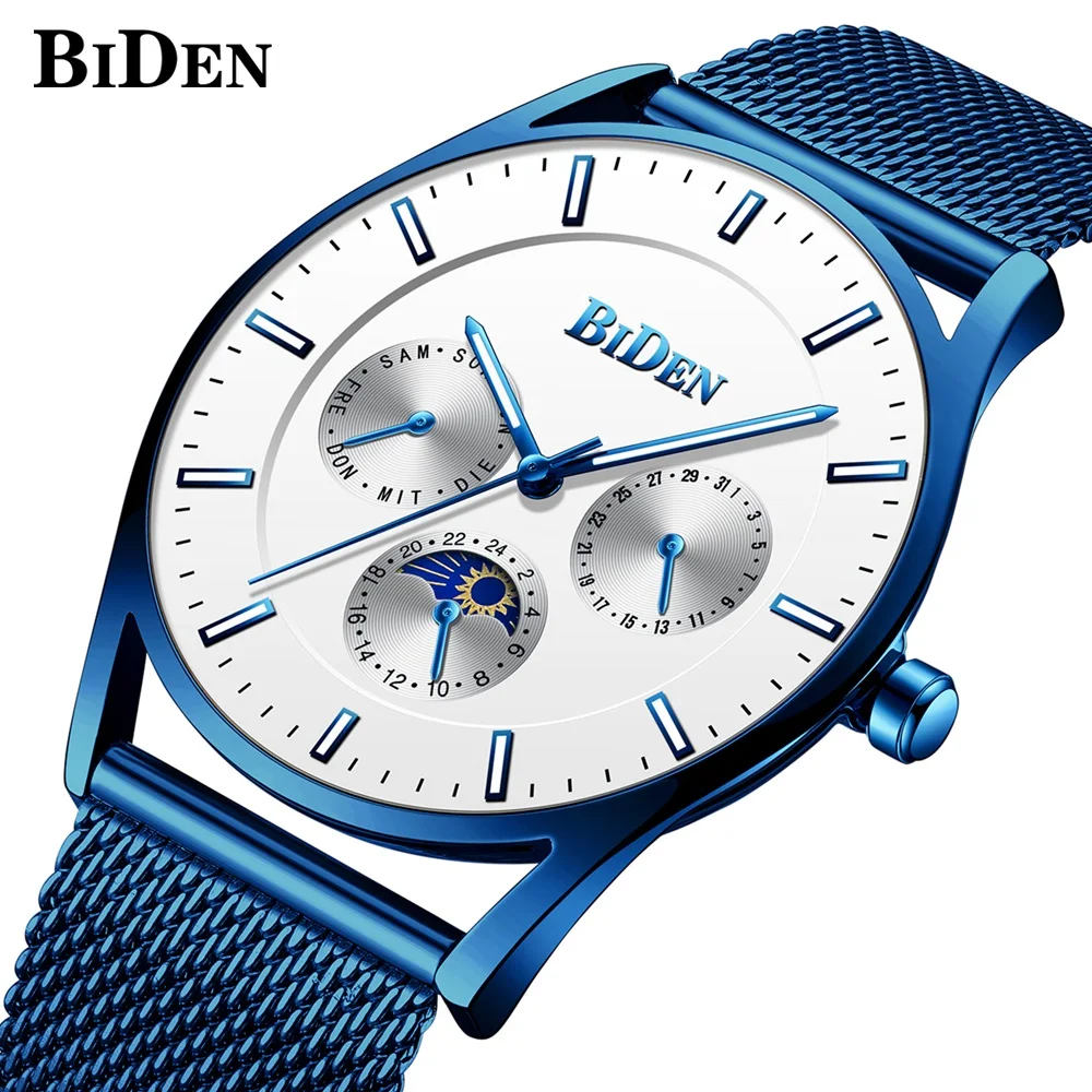 Brand Men's Watches blue Stainless Steel Band Net Belt Analog Sport