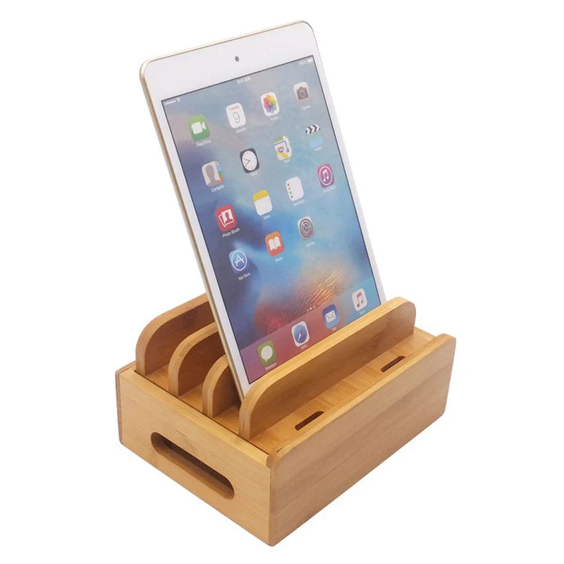 Bamboo Holder for iPhone XR 8 11Pro Stand for Samsung Cords Charging Station Docks Organizer for SmartPhone Tablets USB Charger