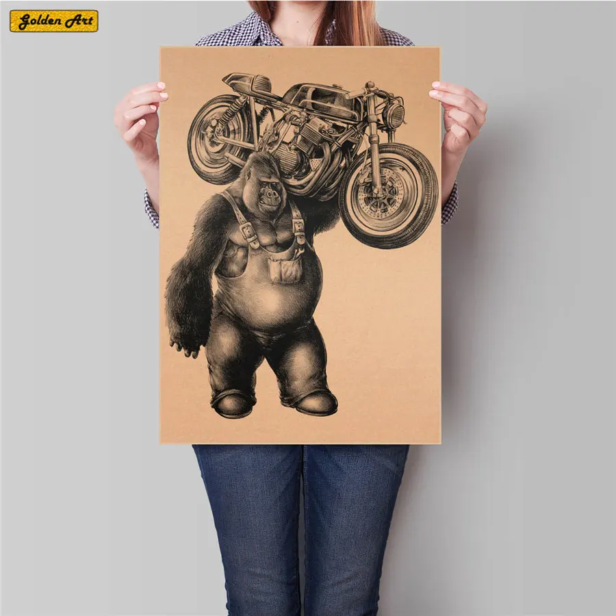 

Gorilla picks up motorcycle bar cafe Decoration Vintage Kraft Paper Poster Retro Wall Sticker Old Painting 45.5x31.5cm