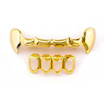 

Gold Plated Electroplated Spike Hip Hop Bling Teeth Fangs Caps Top Bottom Grill Rapper Set