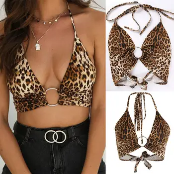 

Leopard Print Women Sexy Halter Crop Top Backless Bandage Lace Up Sequins Metal Ring Tank Top Bandage Bra Club Bustier