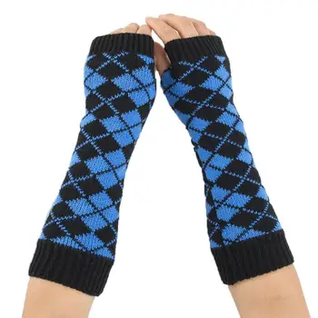 

Winter Women Rhombic Print Fingerless Long Gloves Arm Warmer Knitted Mittens new