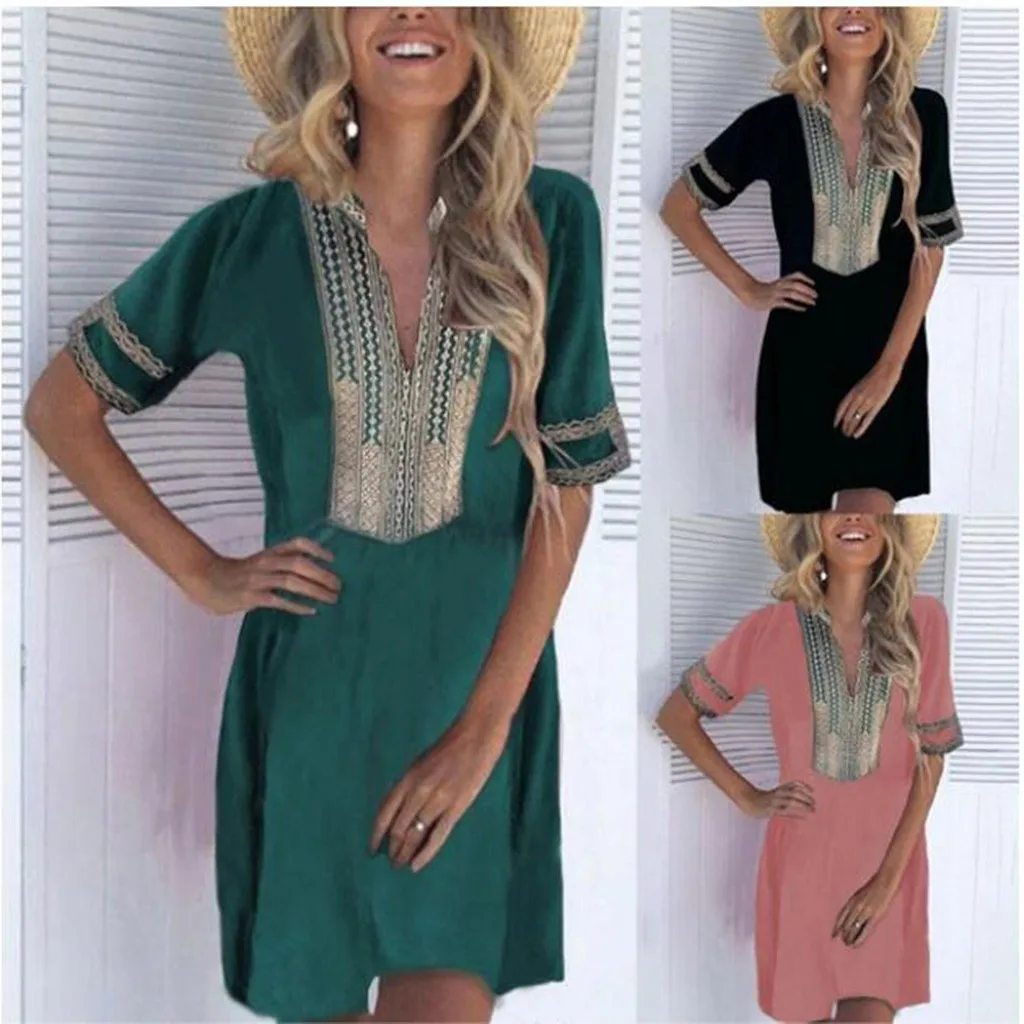 KANCOOLD/женское платье с v-образным вырезом и рукавом средней длины, платье на заказ в народном стиле, летнее платье с принтом, мини, винтажное Модное новое платье для женщин 2019Apr3