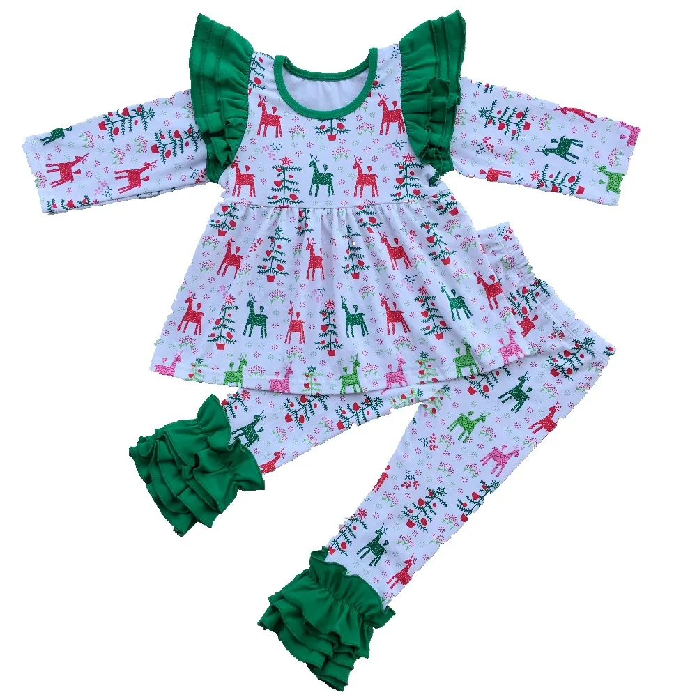 Зимняя Рождественская Новогодняя одежда с длинными рукавами для малышей Топ с оленями и жемчугом для девочек, футболка с оборками для девочек, рубашка реглан Одежда для девочек
