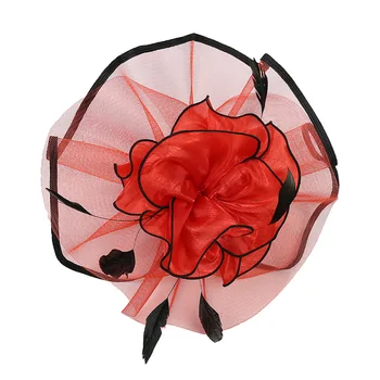 

Double Layer Mesh Flower Hair Clip Vintage Headdress Woman Hair Clip Costume Accessory (Red, Black Edge)