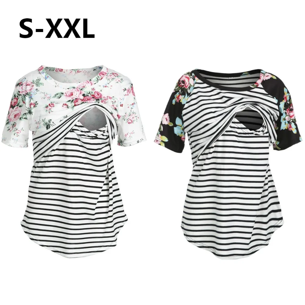 2019 Summer Women Breastfeeding Clothes Striped Floral Short Sleeve Nursing T-shirt Top Maternity Clothes Women Casual Tee Tops