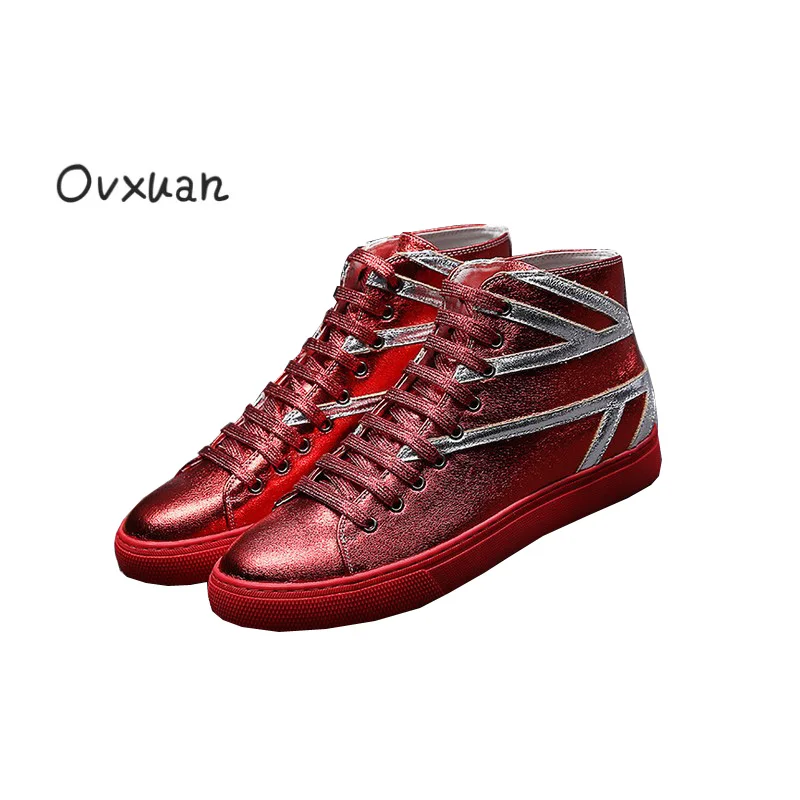 Ovxuan Patent Leather High Casual Sneakers font b Men b font Striped Design Fashion Party Outdoor