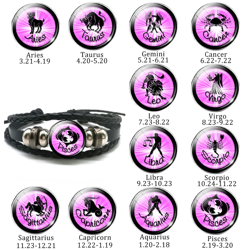 12 Zodiac Constellation Bracelets - Leather & Crystal Glass Braided Cuff - Punk Rock Jewelry For Women & Men - View #3