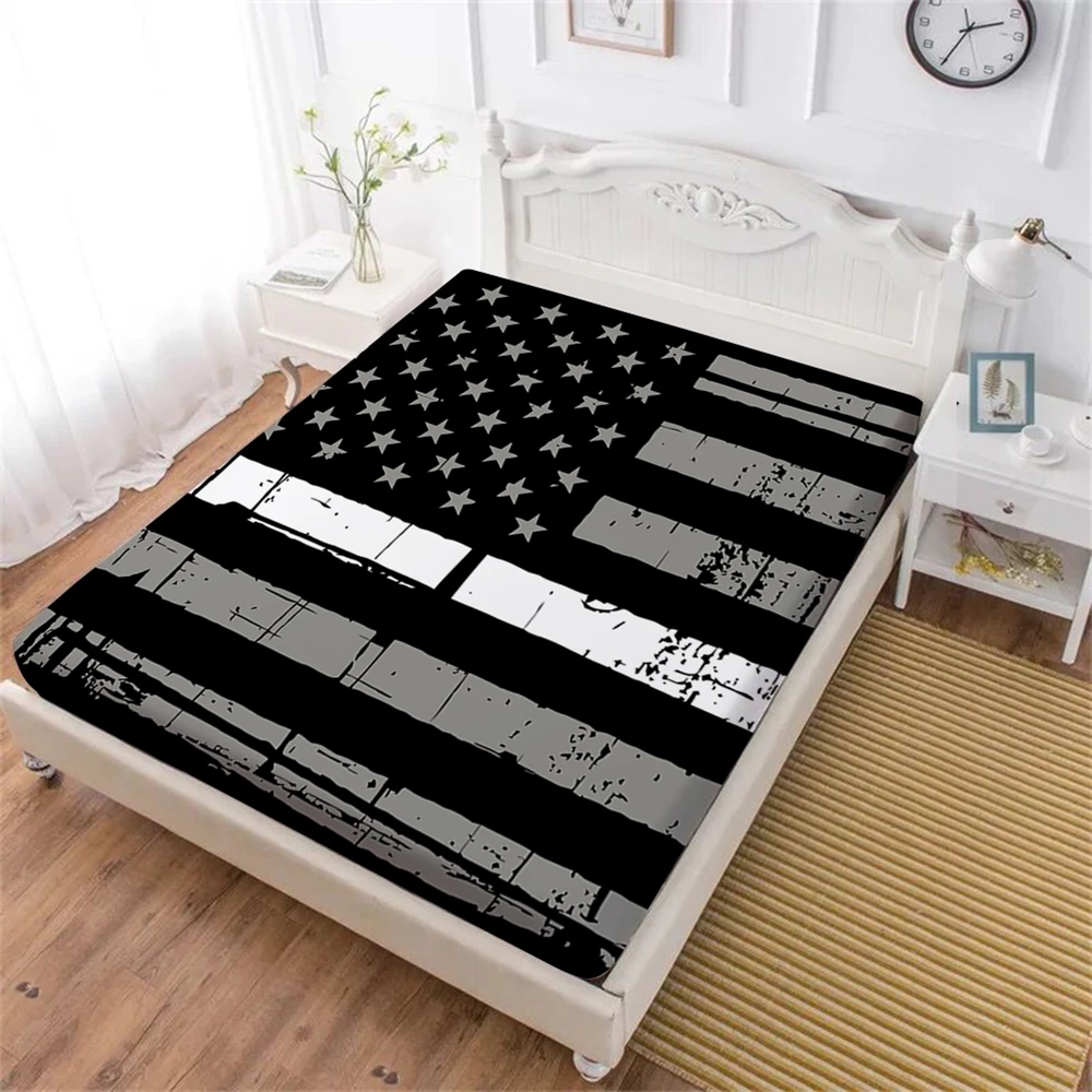 Black American Flag Bed Sheet Star Striped Patchwork Fitted Sheet Twin Full King Queen Bedclothes Deep