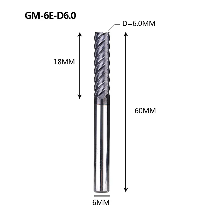 Фрезерный станок с ЧПУ GM-6E GM-6EL из твердой вольфрамовой стали 6 флейт с квадратной головкой с покрытием концевые фрезы для обработки металла HRC40 - Длина режущей кромки: GM-6E-D6.0