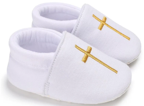 Детская обувь на крестины для новорожденных мальчиков и девочек; белая хлопковая обувь для младенцев; кроватка для грудничков; нескользящая обувь с золотым крестом; обувь без застежки; SQ