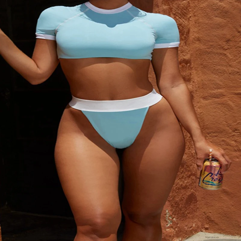 

New Sexy Women Leopard Short Sleeves Paded Bra Crop Top and Bottom Thong 2 Pieces Bikini Swimsuits Sport