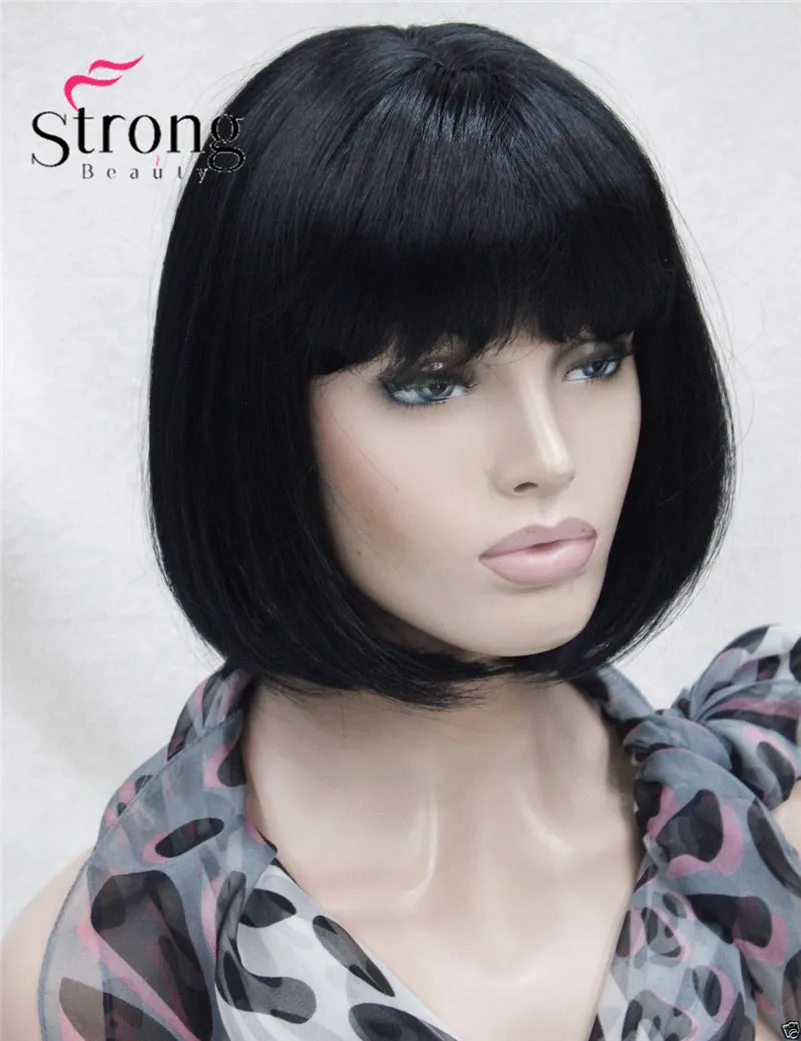 E-1290 #1 hivision cute jet black short straight bob synthetic centre skin top women's wig (2)