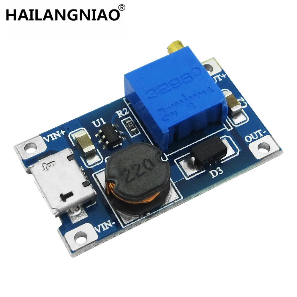 

New MT3608 DC-DC Adjustable Boost Module 2A Boost Plate 2A Step Up Module with MICRO USB 2V - 24V to 5V 9V 12V 28V LM2577
