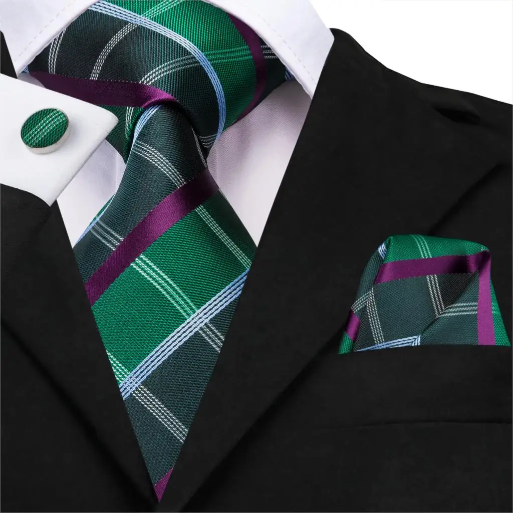 Hi-Tie Men Silk Tie Plaid Green/Blue Checked Ties Hanky Cufflinks Set Gift Stripe Necktie Wedding Party Wholesale Dropshipping