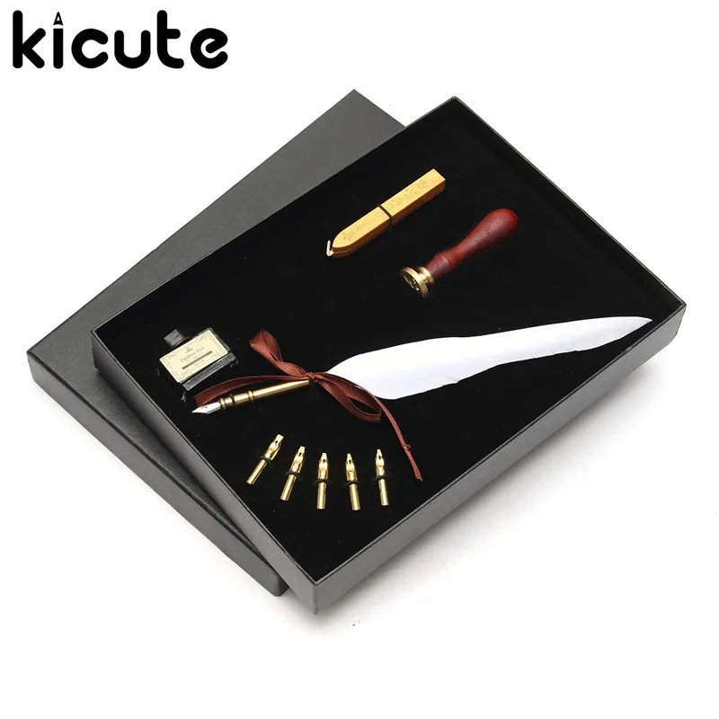 

Kicute Antique Pure Goose Feather Quill Dip Pen Fountain Pens Writing Ink Set Rare Stationery Gift Box With 5 Nib Wedding Gift