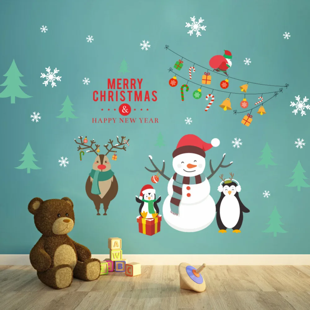

Snowman Reindeer Wall Stickers Home Living Room Christmas Decorations Shop Window Glass PVC Decor Xmas Santa Claus Decals