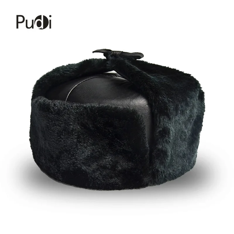 

Pudi man winter genuine leather bomber hats cap 2018 winter Russia warm snow caps hat HL803