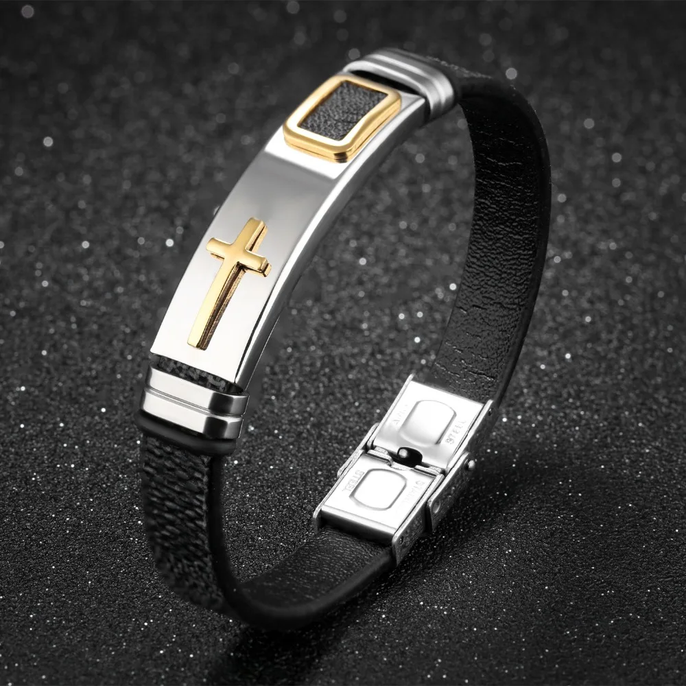 Fate Love Trendy Stainless Steel Cross Bracelets Man Wrist Jewelry Black/Brown Color Leather 185mm Charm Chain Bracelets FL1156