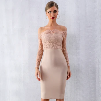 

New Style Fashion Sexy Women Slash Neck Strapless Lace Dress Celebrity Empire Body con Pub Evening Party Dresses Wholesale