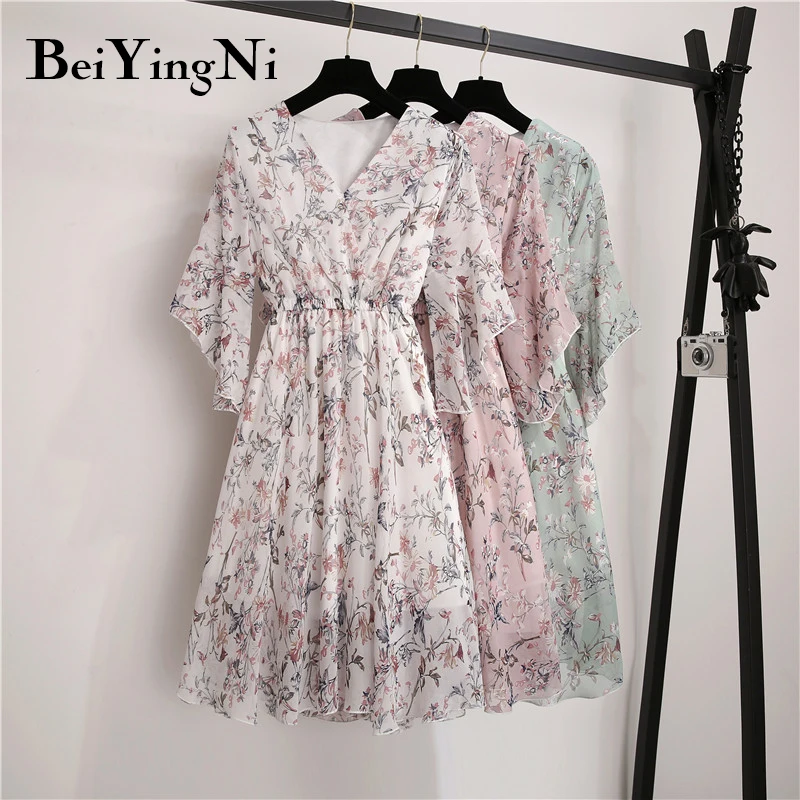 

Beiyingni Summer Fashion Women Dress Floral Printed Short Sleeve Chic Elegant Casual Vestidos Boho Ruffles Charming Dresses