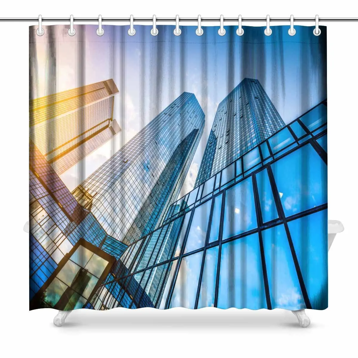 

Aplysia Bottom View of Modern Skyscrapers in Business District at Sunset with Lens Flare Filter Bathroom Decor Shower Curtains