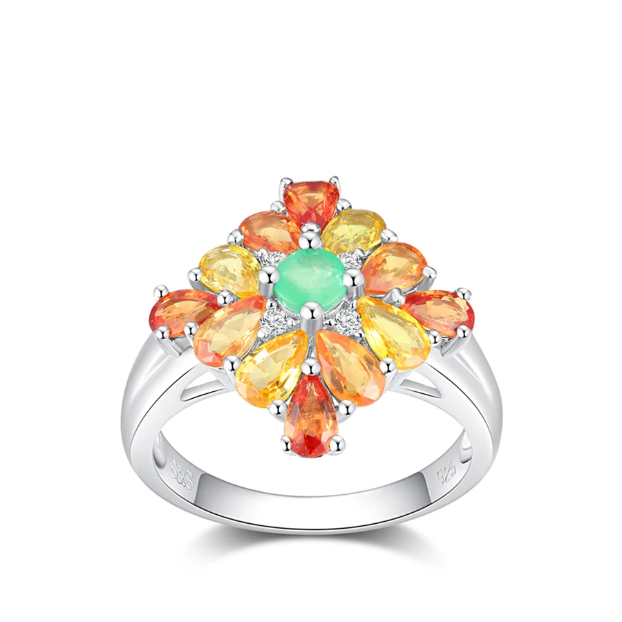 

PJC Natural Gemstone 5*3 Pear Multi Sapphire and 4.0 Round Emerald With 0.09ct White Zircon Sterling Silver 925 Ring