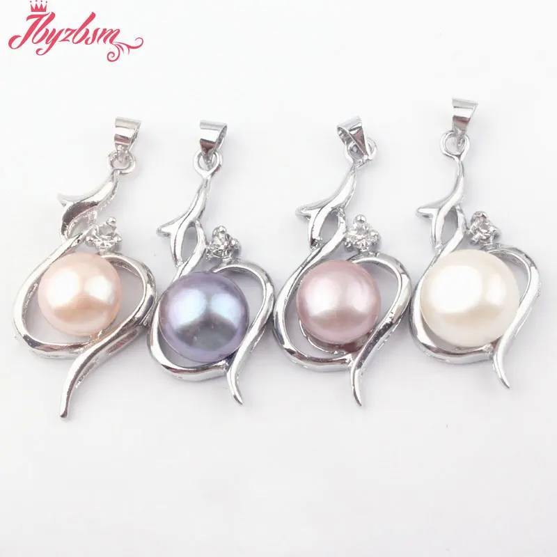 

10mm Natural Round Freshwater Pearl Stone Beads,White Tibetan Silver For Women Christmas Gift Pendant 1 Pc 18x30mm