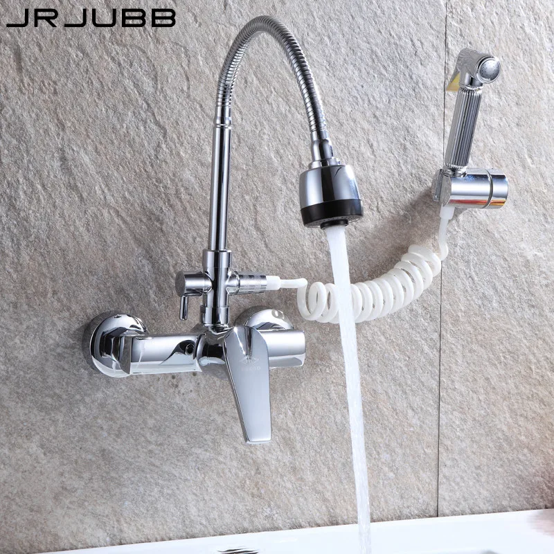 

Wall Faucet Kitchen Faucet Mixer Three way Chrome Brass kitchen tap dual sprayers kitchen sink tap