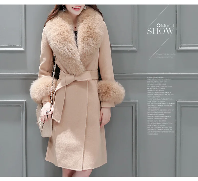 Шерстяная Женская куртка с меховым воротником осень/зима, тонкое длинное шерстяное пальто с поясом, Высококачественная верхняя одежда, женская одежда