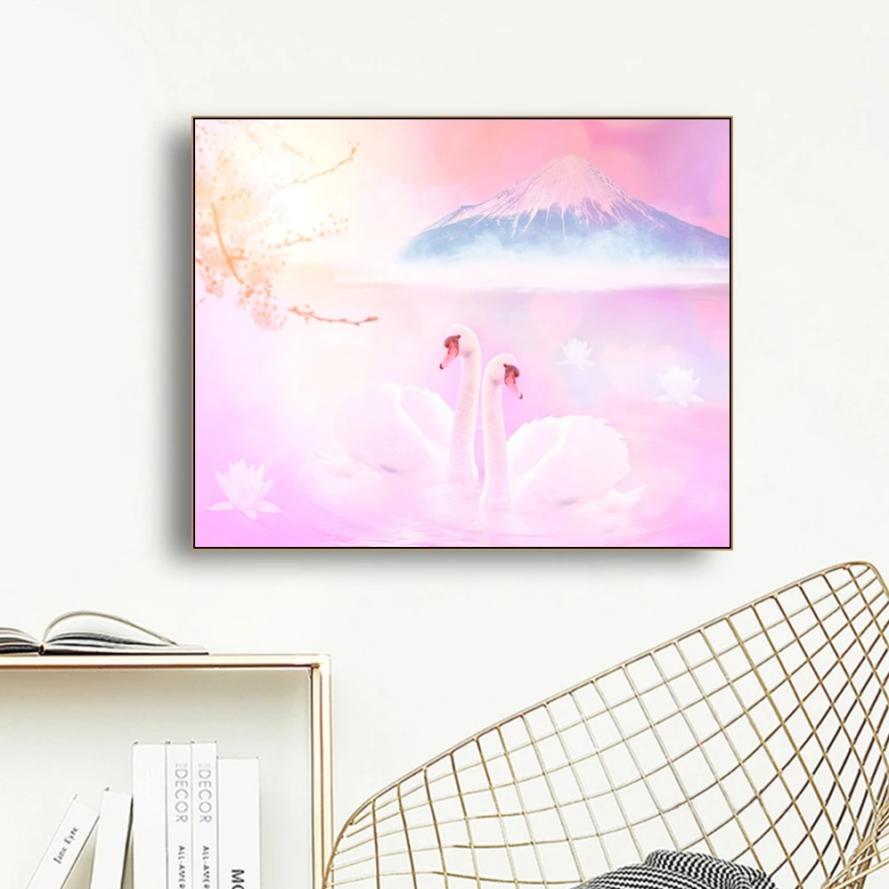 

Laeacco Canvas Painting Calligraphy Fantasy Swan Lake Poster and Print wall Picture Wedding Decor Bedroom Living Room Home Decor