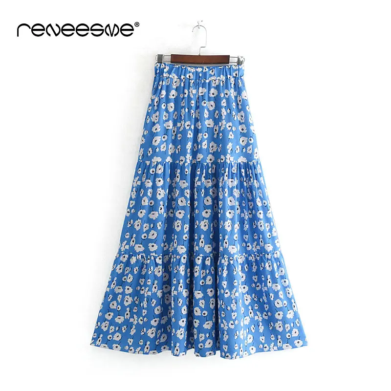 

2019 new fashion women skirt elastic waist ruffles print pleated long skirts vintage high waist a line ankle-length female skirt