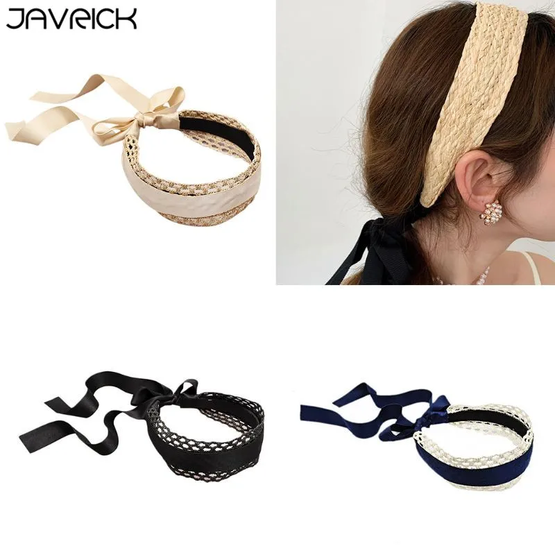

Korean Handmade Woven Wide Headband Women Long Ribbon Streamer Hair Hoop Fairy Contrast Color Bow Knot Expanded Hair Accessories