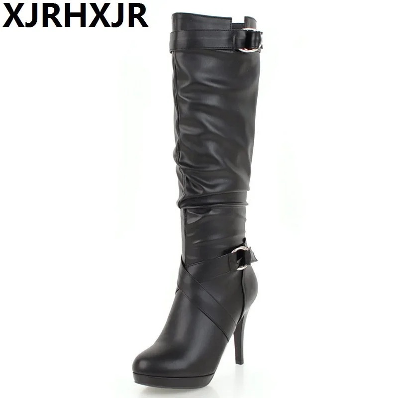 XJRHXJR Women Knee High Boots Platform High Heels Winter Boots Zipper Thin Heels Sexy Ladies Boots Autumn Black Botas Mujer